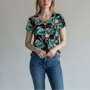 Lily White Tropical Flamingo Print Wrap Blouse Size S 🌴🦩